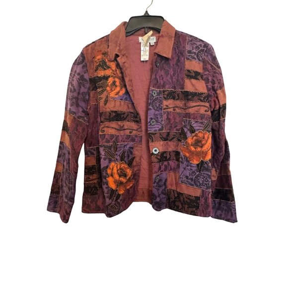 Coldwater Creek Patchwork Floral Lace Jacket Womens Small Purple & Copper Cotton - Picture 1 of 7